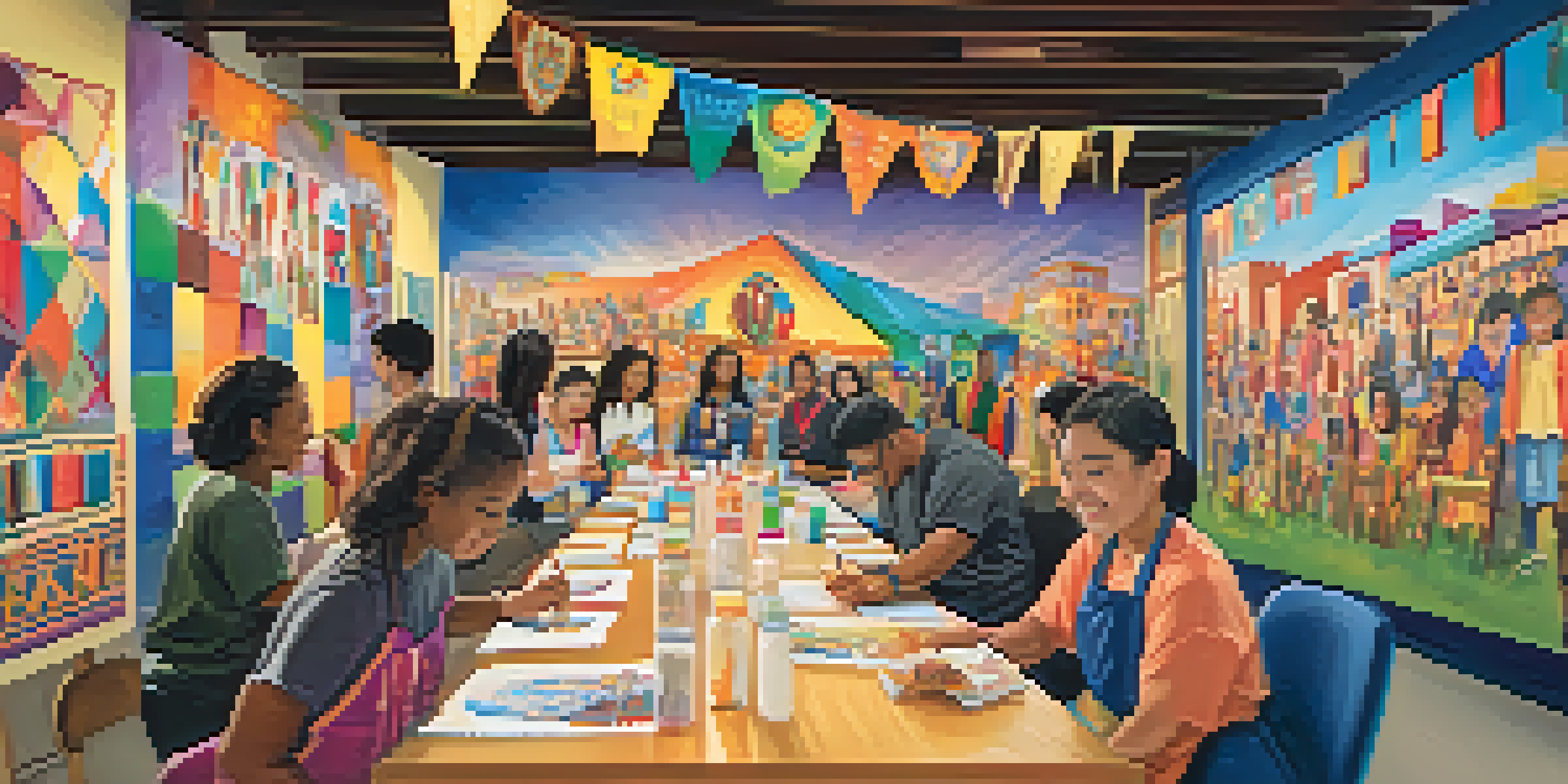 A lively workshop with diverse participants creating a mural in Redwood City, surrounded by cultural banners and art supplies.