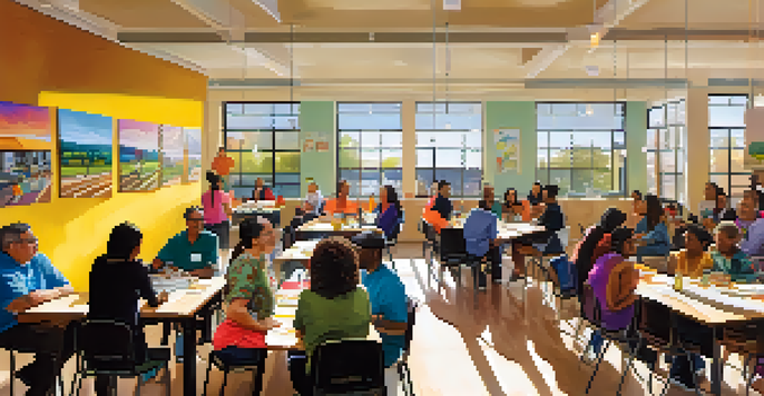 A community center with diverse participants attending a housing assistance workshop, surrounded by colorful posters and bright natural light.
