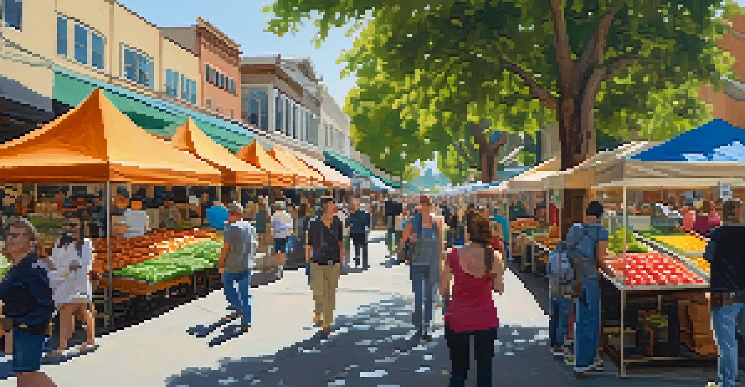 A vibrant farmers' market in Downtown Redwood City with stalls of fresh produce, people enjoying food, and colorful decorations.