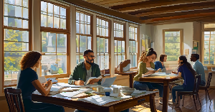 A sunlit writing workshop with diverse writers engaged in discussion around a wooden table with coffee, notebooks, and inspirational quotes on the walls.