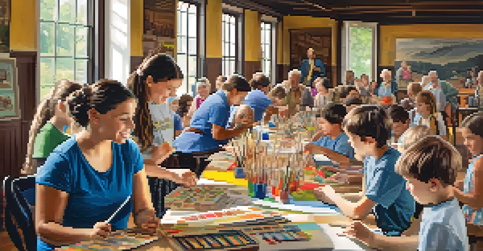 Families participating in hands-on workshops at a historical society event, with colorful banners and crafts.