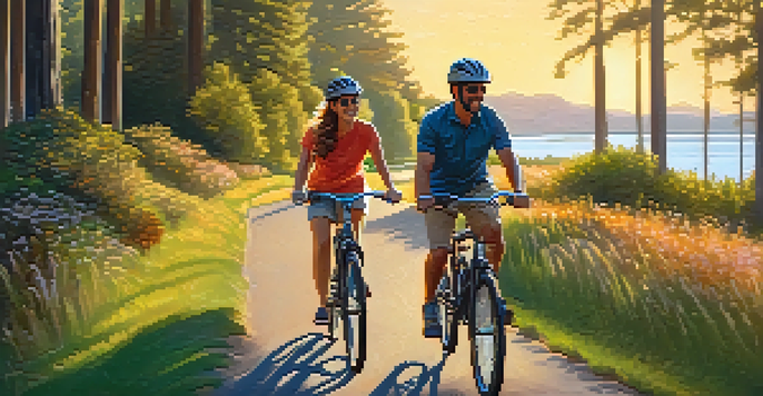 A couple enjoying a bike ride along the Bay Trail in Redwood City during sunset, surrounded by greenery and a waterfront view.