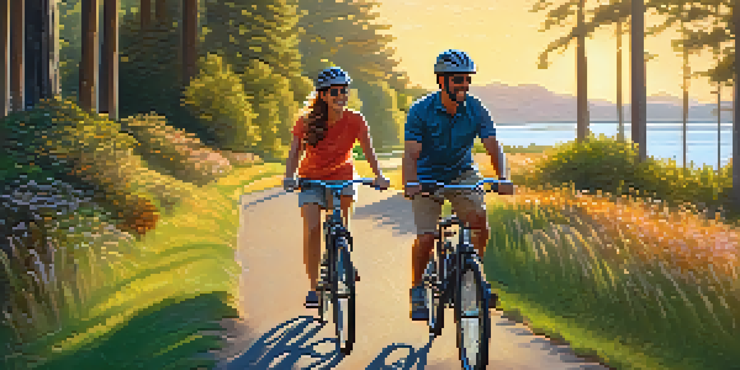 A couple enjoying a bike ride along the Bay Trail in Redwood City during sunset, surrounded by greenery and a waterfront view.