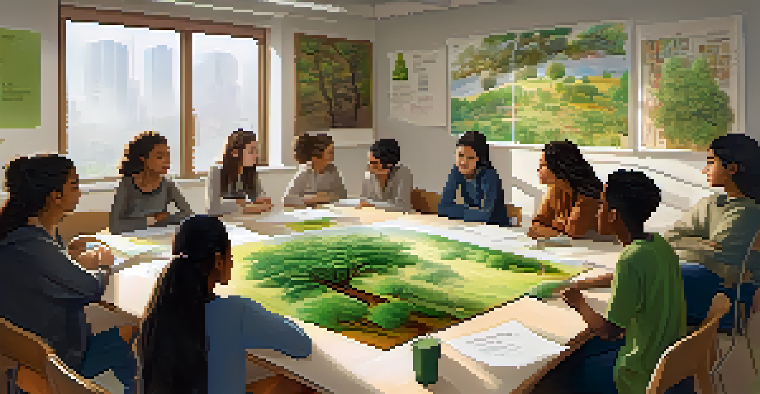 A diverse group of students engaged in an environmental advocacy meeting in a bright classroom, discussing tree-planting plans.