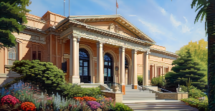 A beautiful historical museum with lush gardens and warm lighting, inviting exploration.