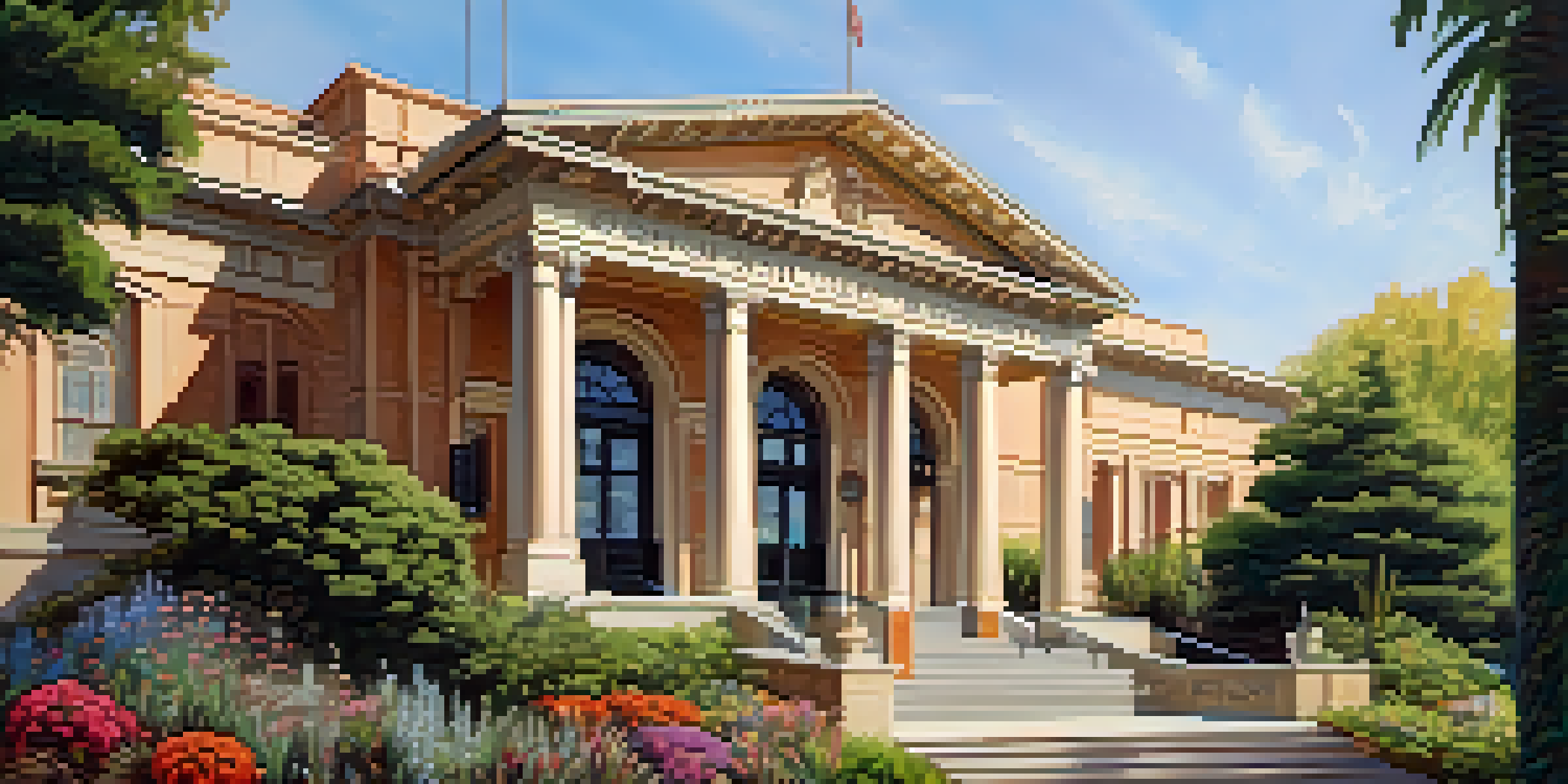 A beautiful historical museum with lush gardens and warm lighting, inviting exploration.