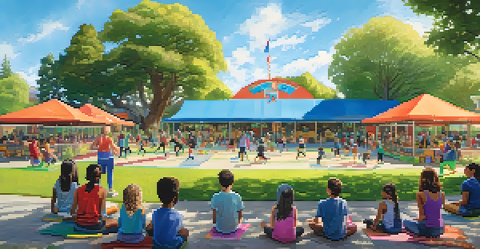 A lively community center with people of all ages engaging in activities like basketball and yoga, surrounded by greenery and colorful event banners.