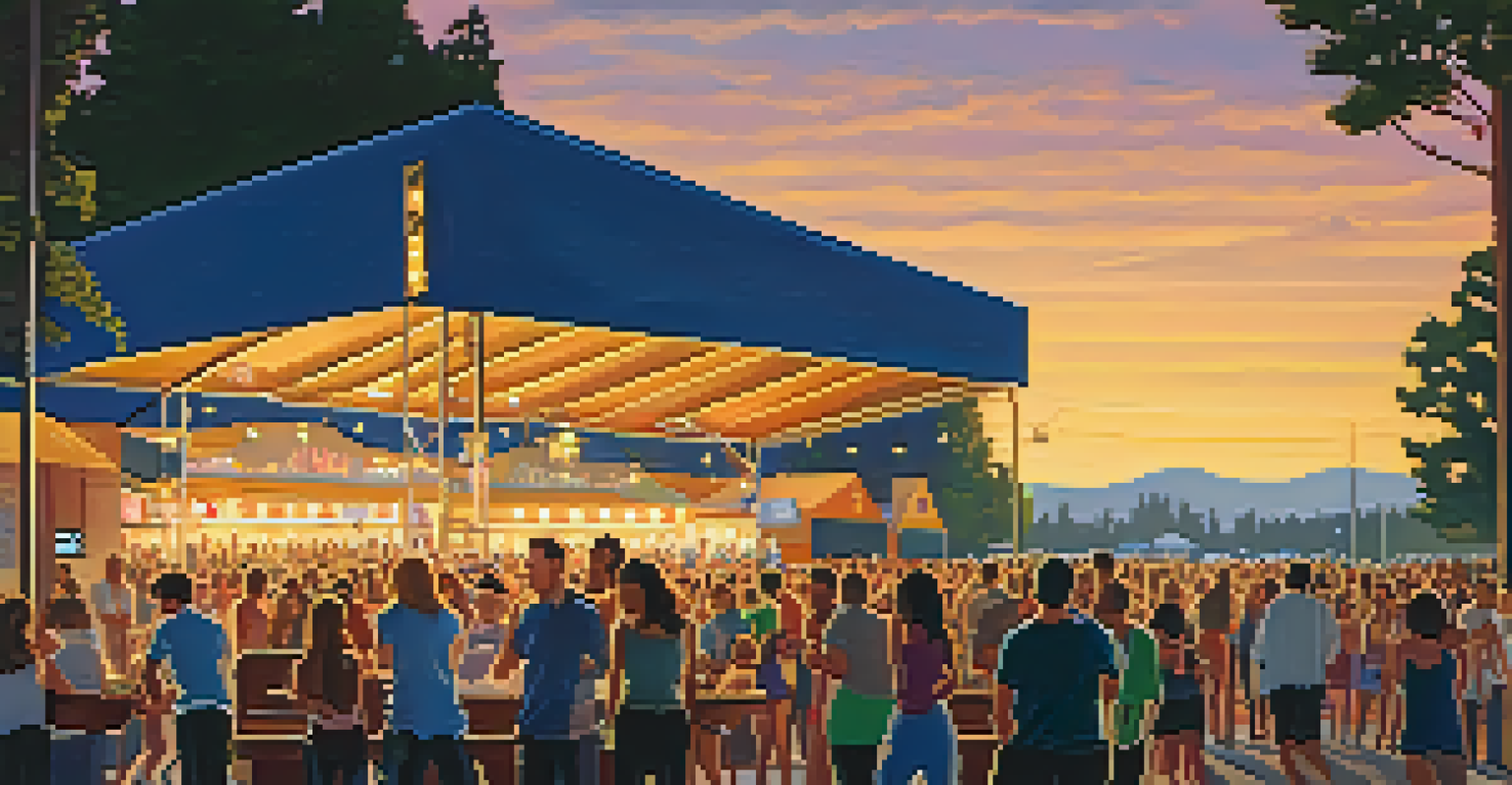 A summer music festival scene with musicians on stage, dancing crowds, and food trucks against a sunset backdrop.