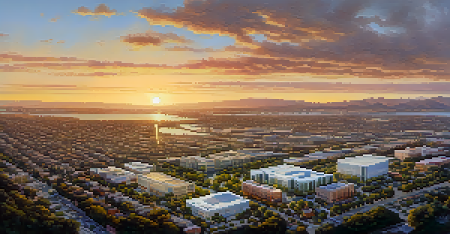 An aerial view of Redwood City and San Mateo, showcasing urban and natural landscapes during sunset.