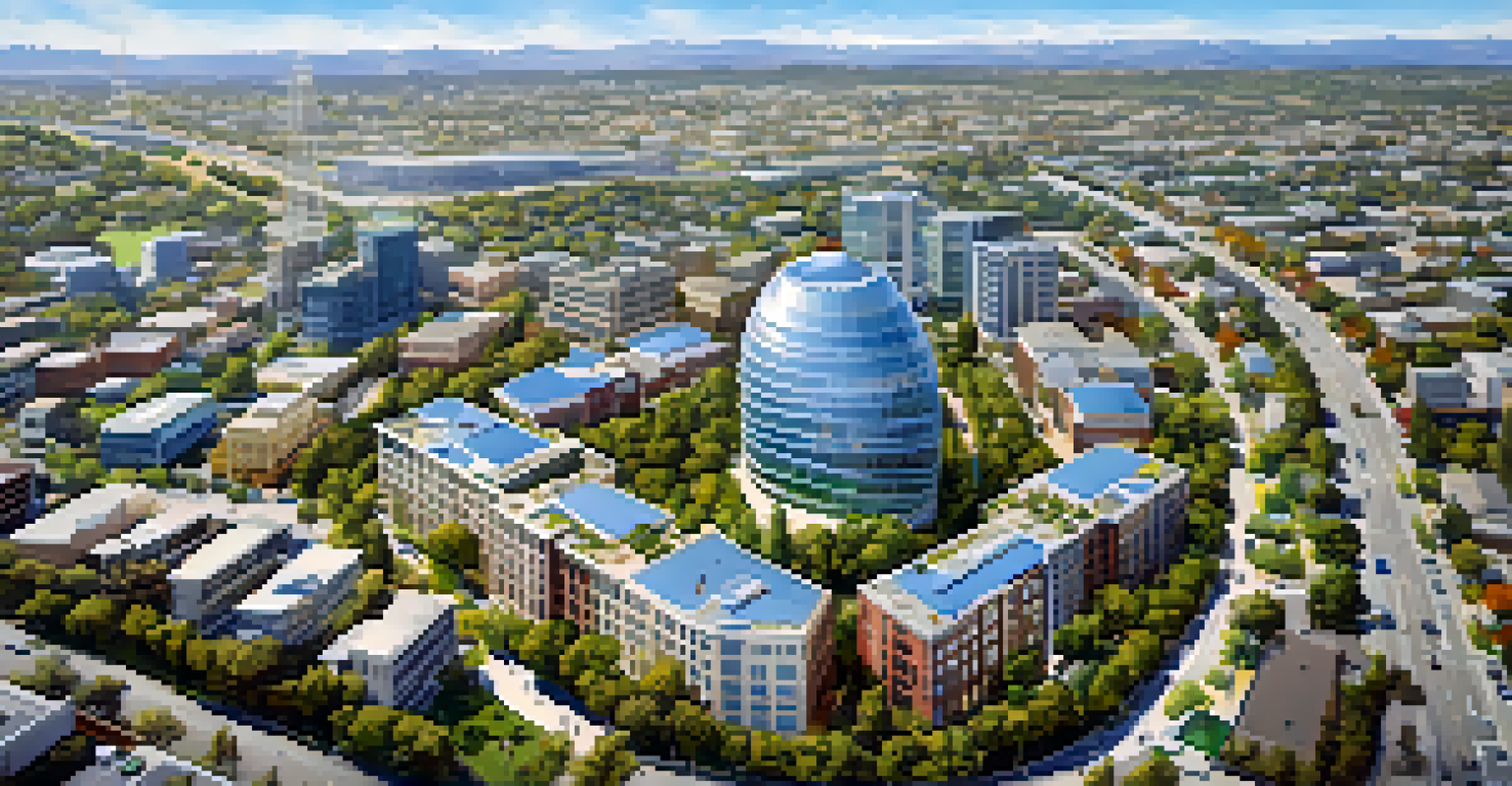 An aerial view of Redwood City showing a blend of tech offices, residential areas, and green parks under a clear sky.