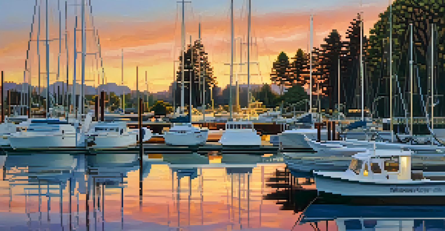 A beautiful sunset view of a harbor with boats, reflecting colors in the water along a walking path.