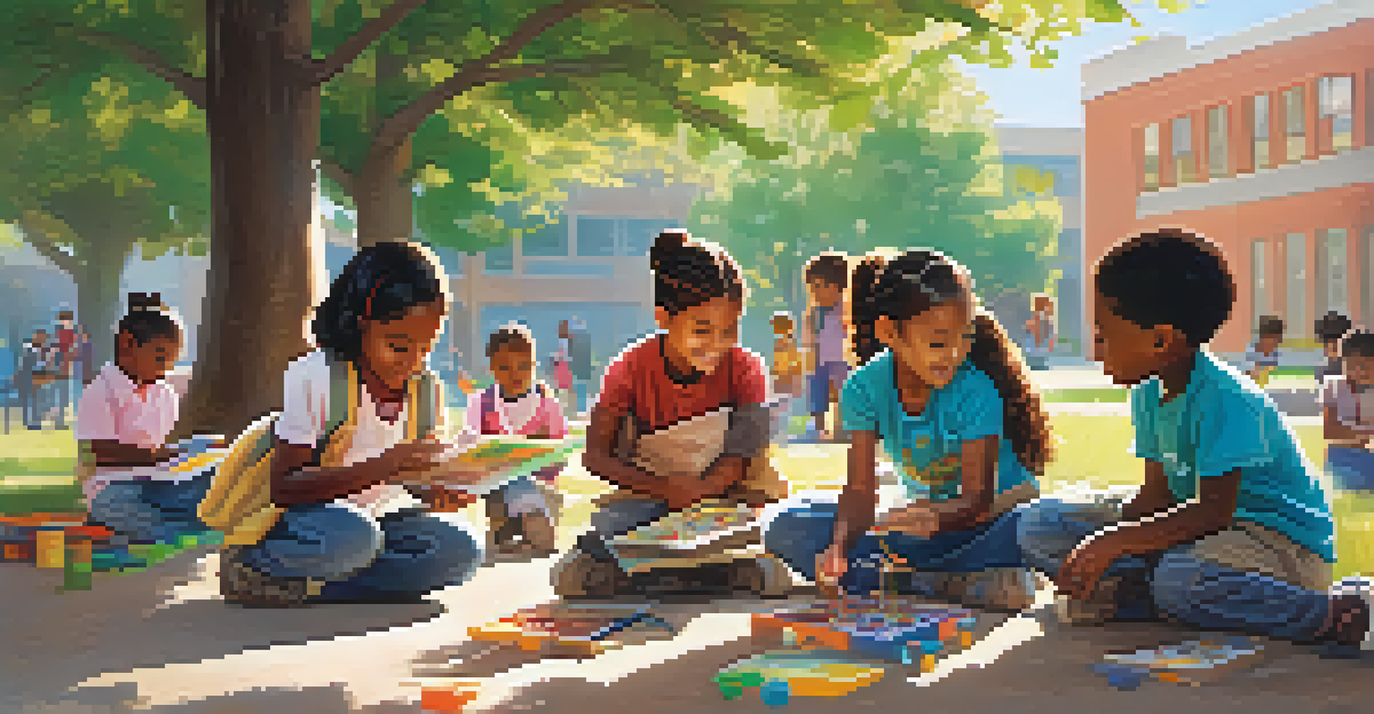 Children of diverse backgrounds engaged in a science project outside a school.