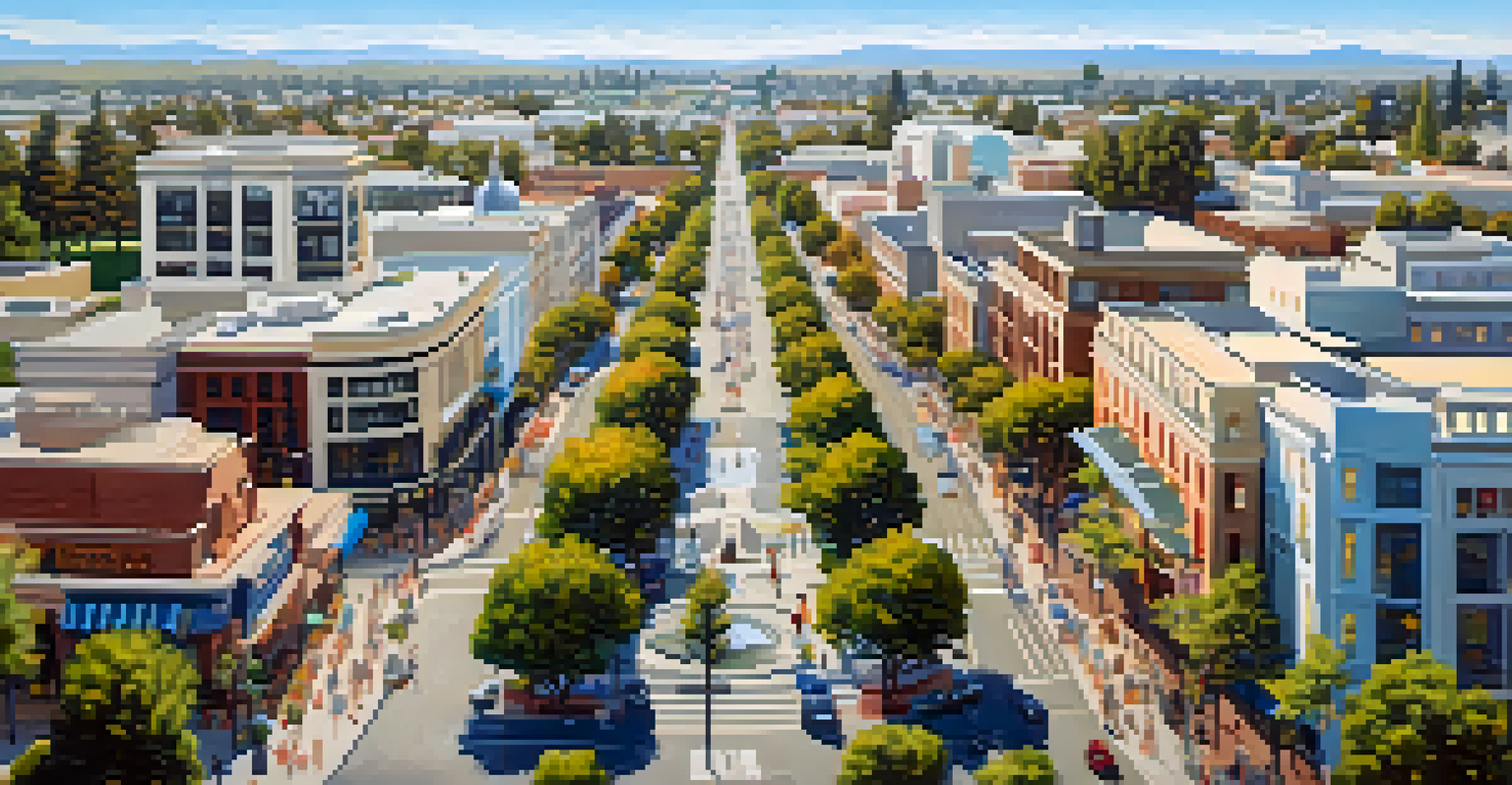 An aerial view of downtown Redwood City, featuring lively cafes, shops, and green parks filled with people.