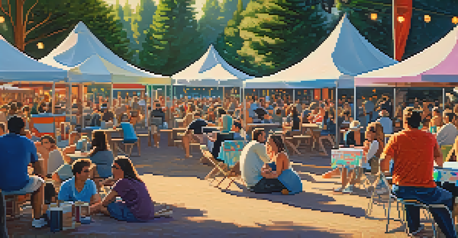 A vibrant music festival scene with a diverse crowd enjoying live performances and food trucks in a park.