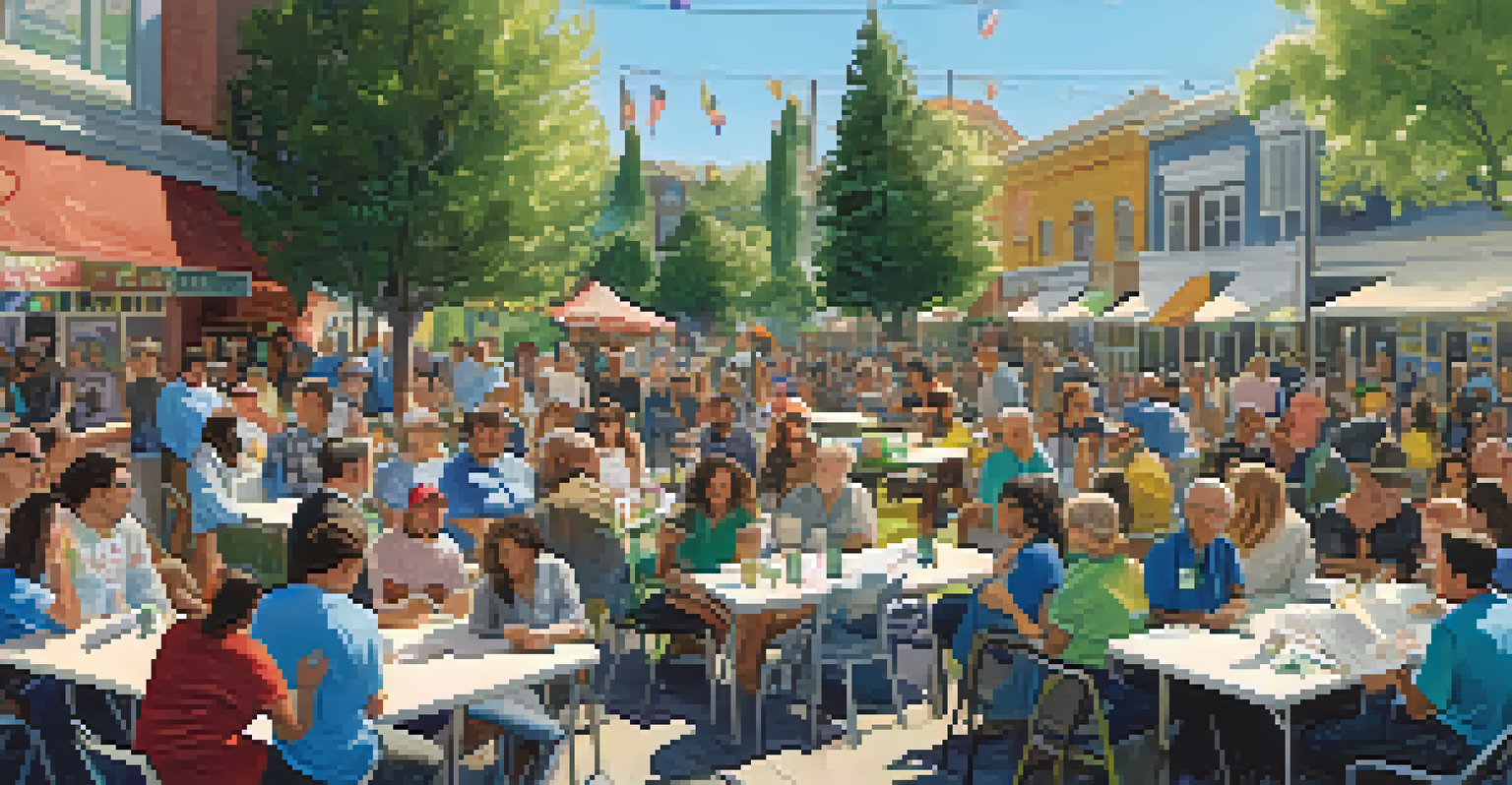 A community engagement event in Redwood City, with residents gathered around a table discussing projects in a green outdoor setting.
