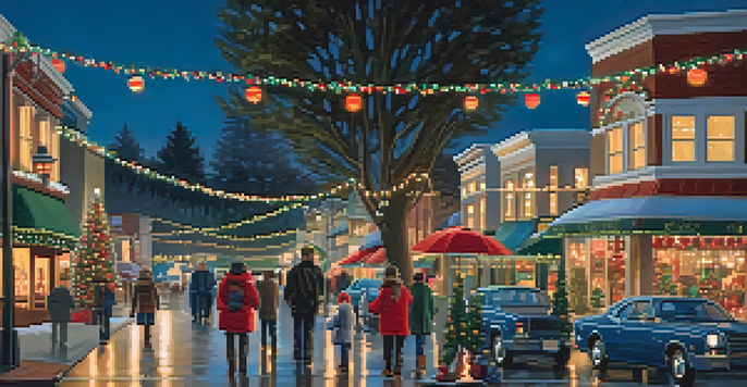 A winter scene in Redwood City with families enjoying festive lights and decorations, holding hot cocoa, under a twilight sky.