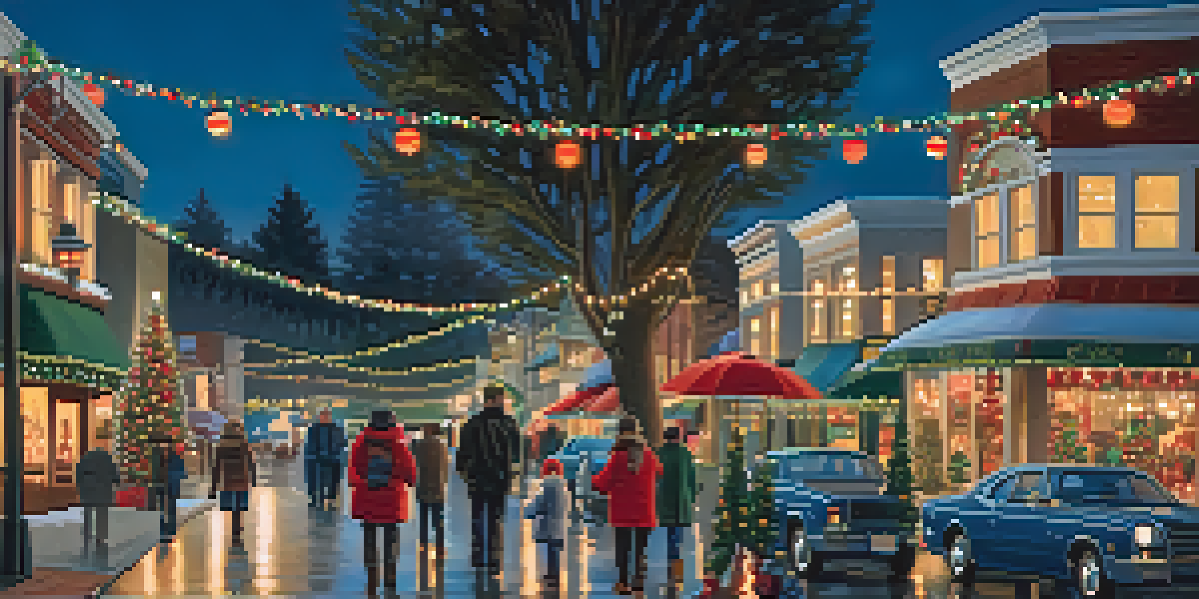 A winter scene in Redwood City with families enjoying festive lights and decorations, holding hot cocoa, under a twilight sky.