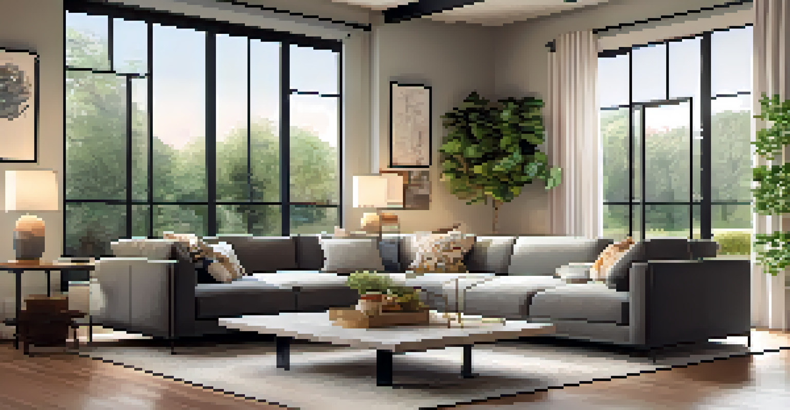 A cozy living room with a sectional sofa and large windows overlooking a garden.