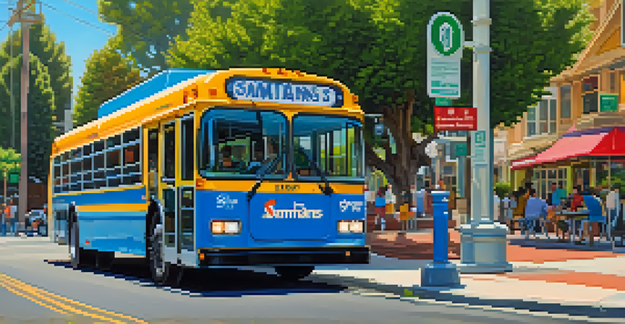 A bright bus at a stop in Redwood City, with greenery and flowers, under a sunny sky.
