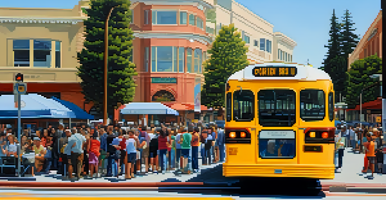 A public bus arriving at a stop in Redwood City, with passengers waiting and local businesses in the background.