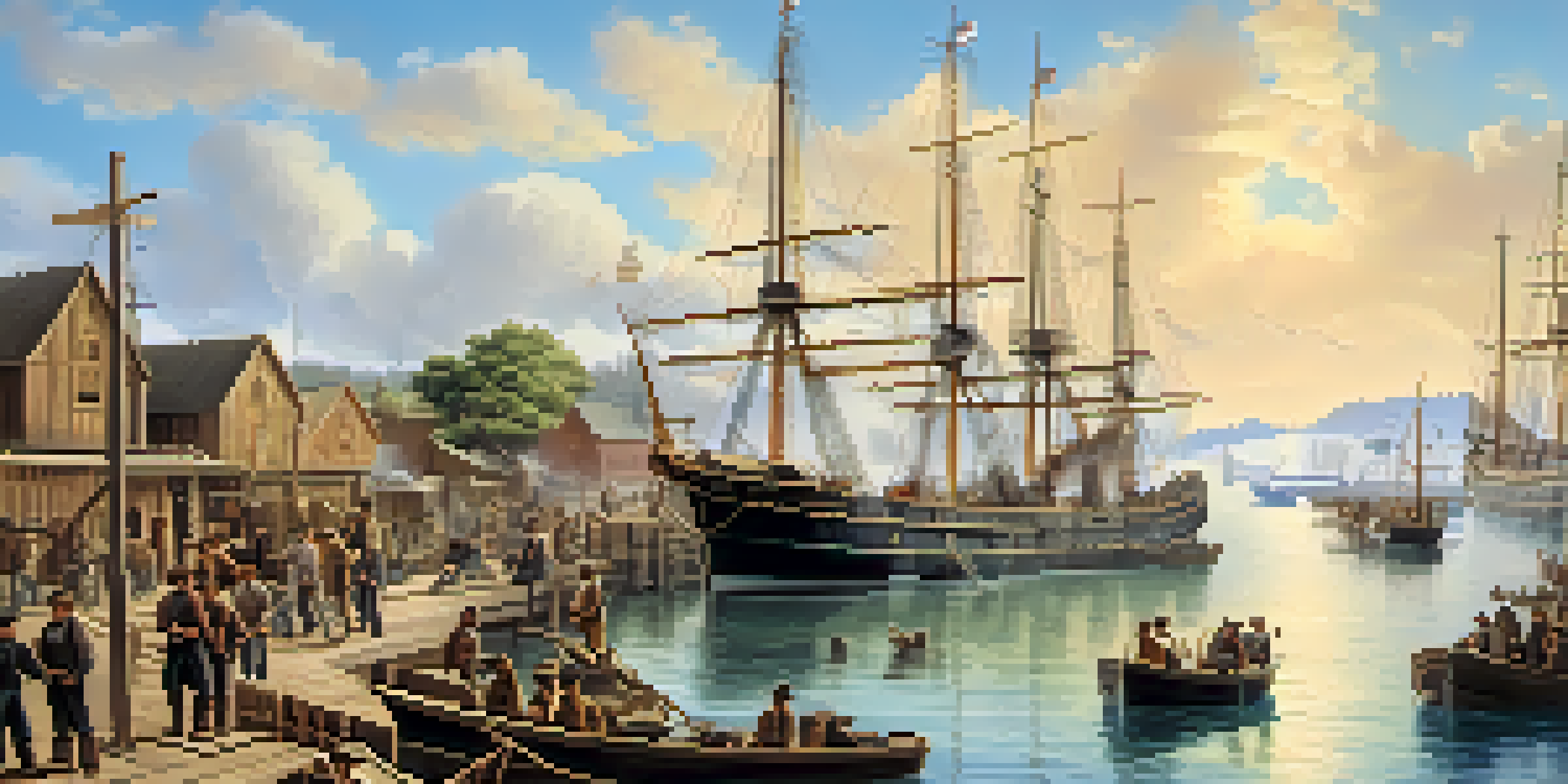 A lively Redwood City port scene from the 1850s, depicting miners and merchants interacting with wooden ships and bustling activity.