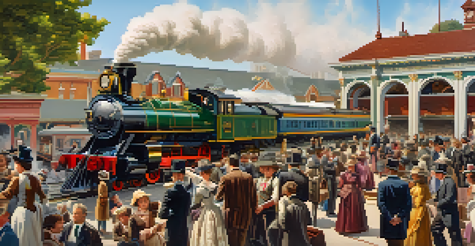 A historical depiction of a busy railroad station in Redwood City, with steam trains and people in 19th-century attire.