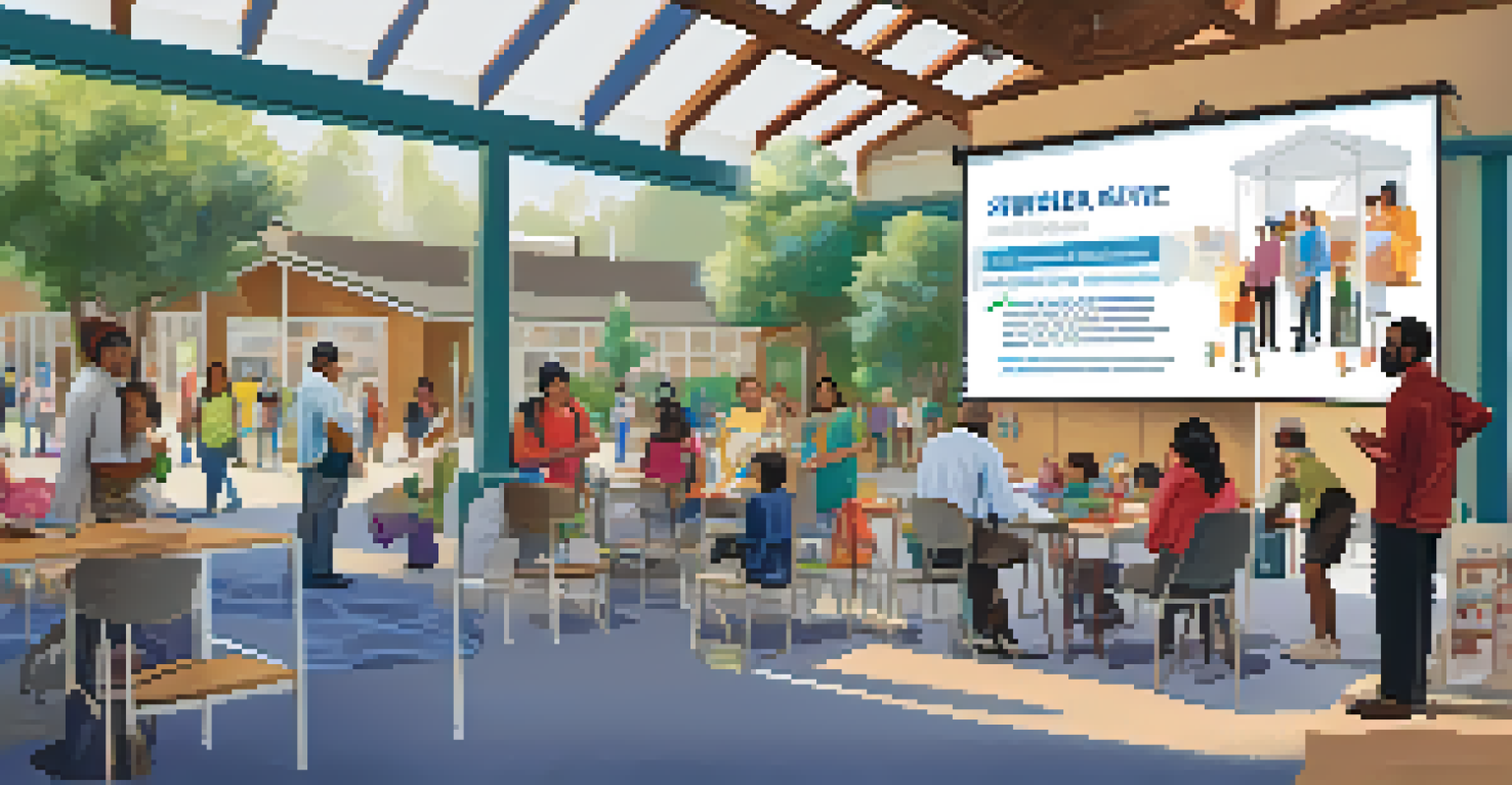 A vaccination drive at a community center with healthcare professionals interacting with families and promoting health awareness.