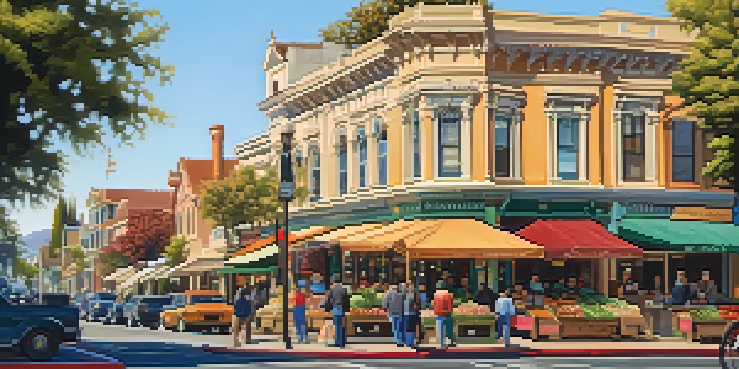 A view of historic buildings in Redwood City, featuring Victorian and Mission Revival styles, with a bustling farmers market and warm sunlight.