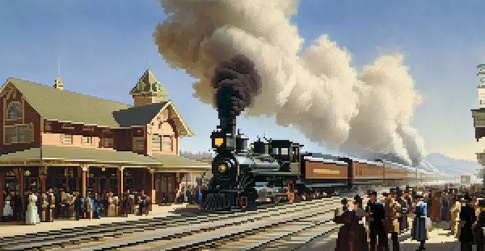 A historical scene of Redwood City featuring a bustling railroad station with people in 19th-century clothing and a steam locomotive.