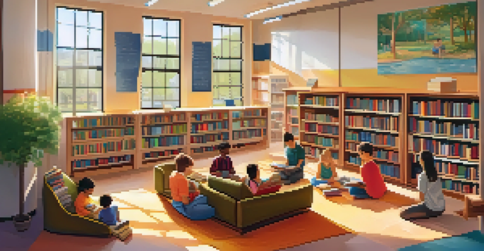 A cozy library interior with wooden bookshelves, sunlight streaming through windows, and people reading and discussing books. A child is reading to a dog on a rug.