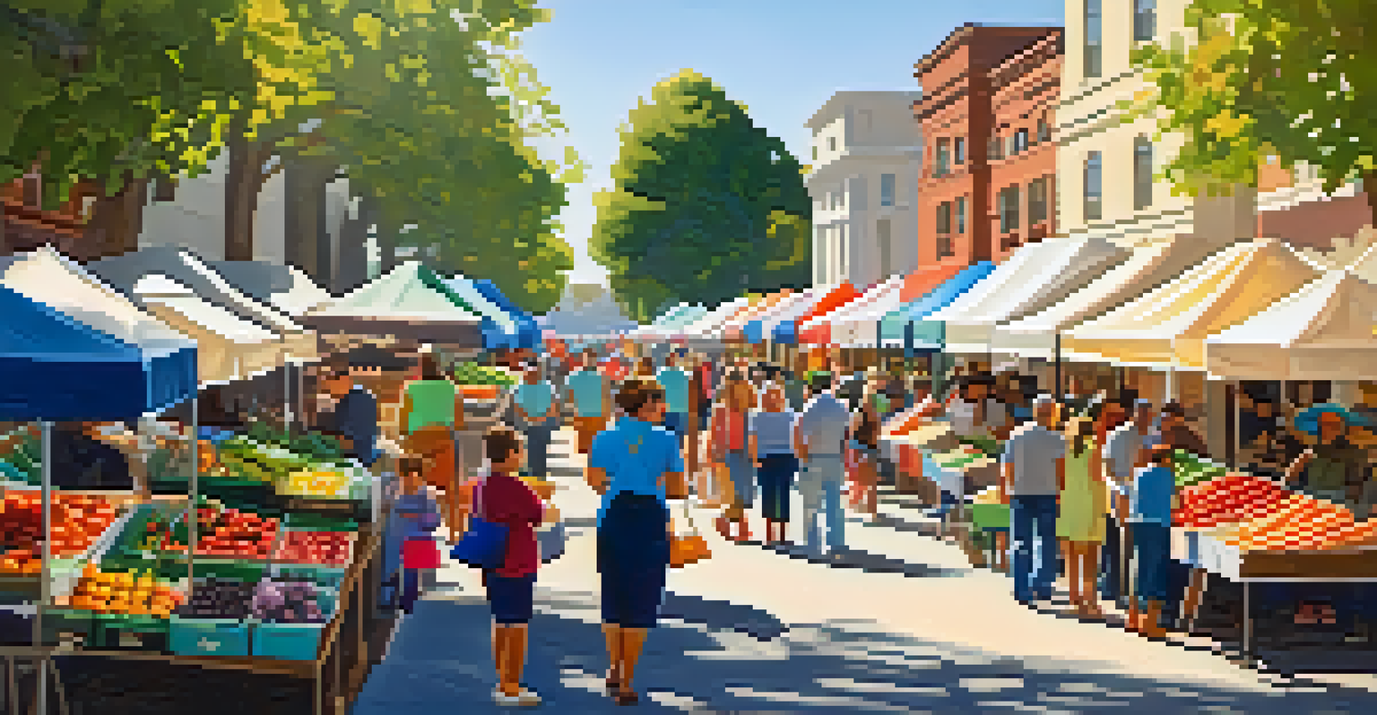 A busy farmers' market in Redwood City, featuring vibrant produce and families shopping together.