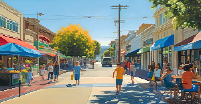 A bustling downtown area in Redwood City with shops, cafes, and people enjoying the outdoors.