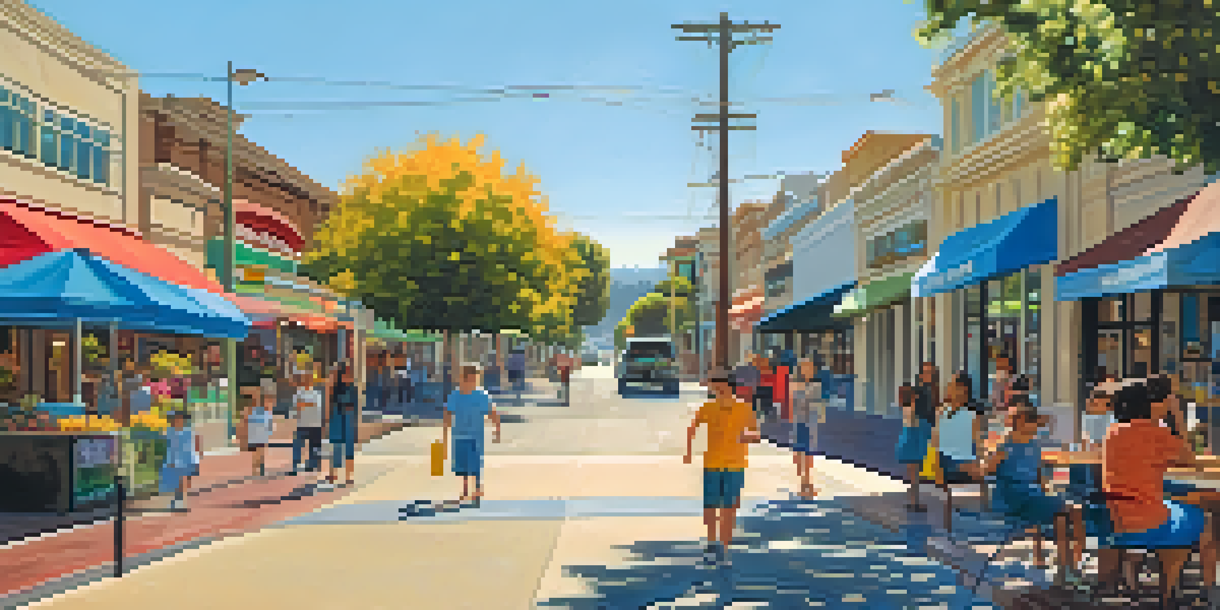 A bustling downtown area in Redwood City with shops, cafes, and people enjoying the outdoors.