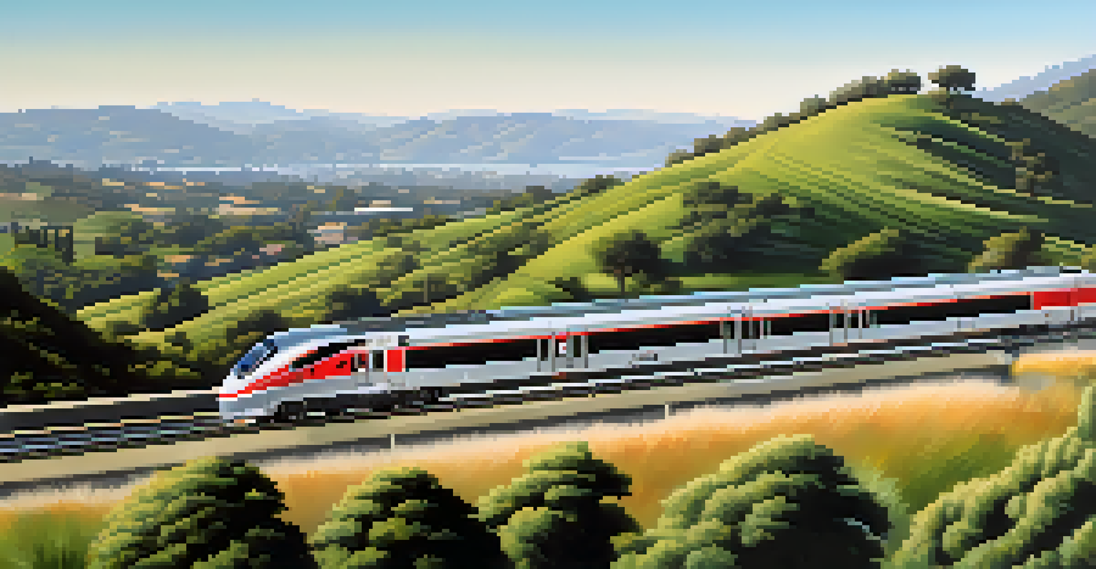 A Caltrain train on the tracks surrounded by hills and greenery, with visible passengers inside.