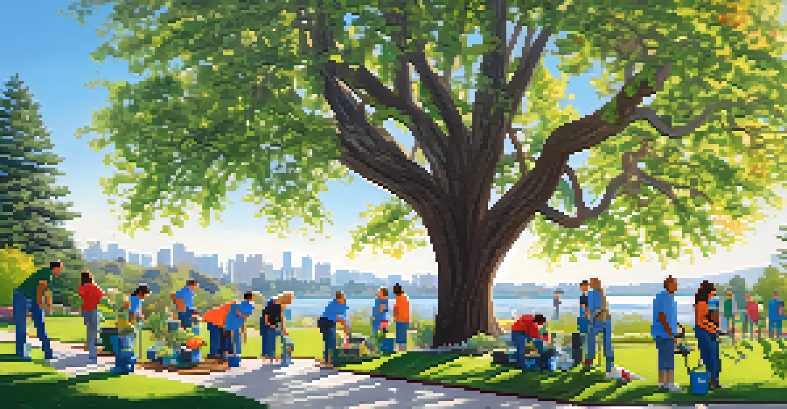 Residents participating in a community clean-up event in a lush park in Redwood City, surrounded by greenery and flowers.