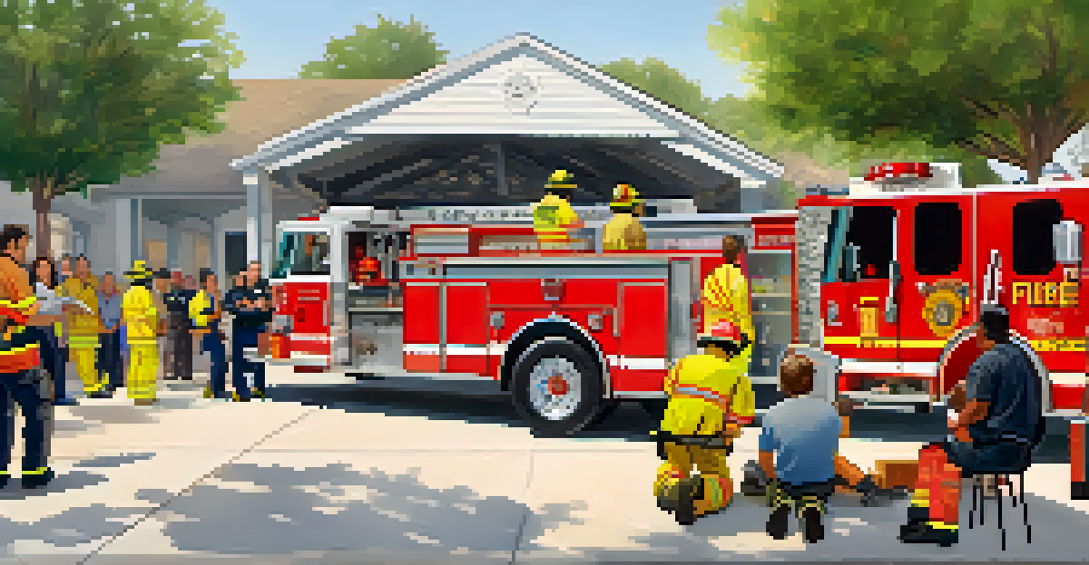 A community workshop on fire safety with residents and firefighters engaged in discussion and activities, featuring colorful educational materials.