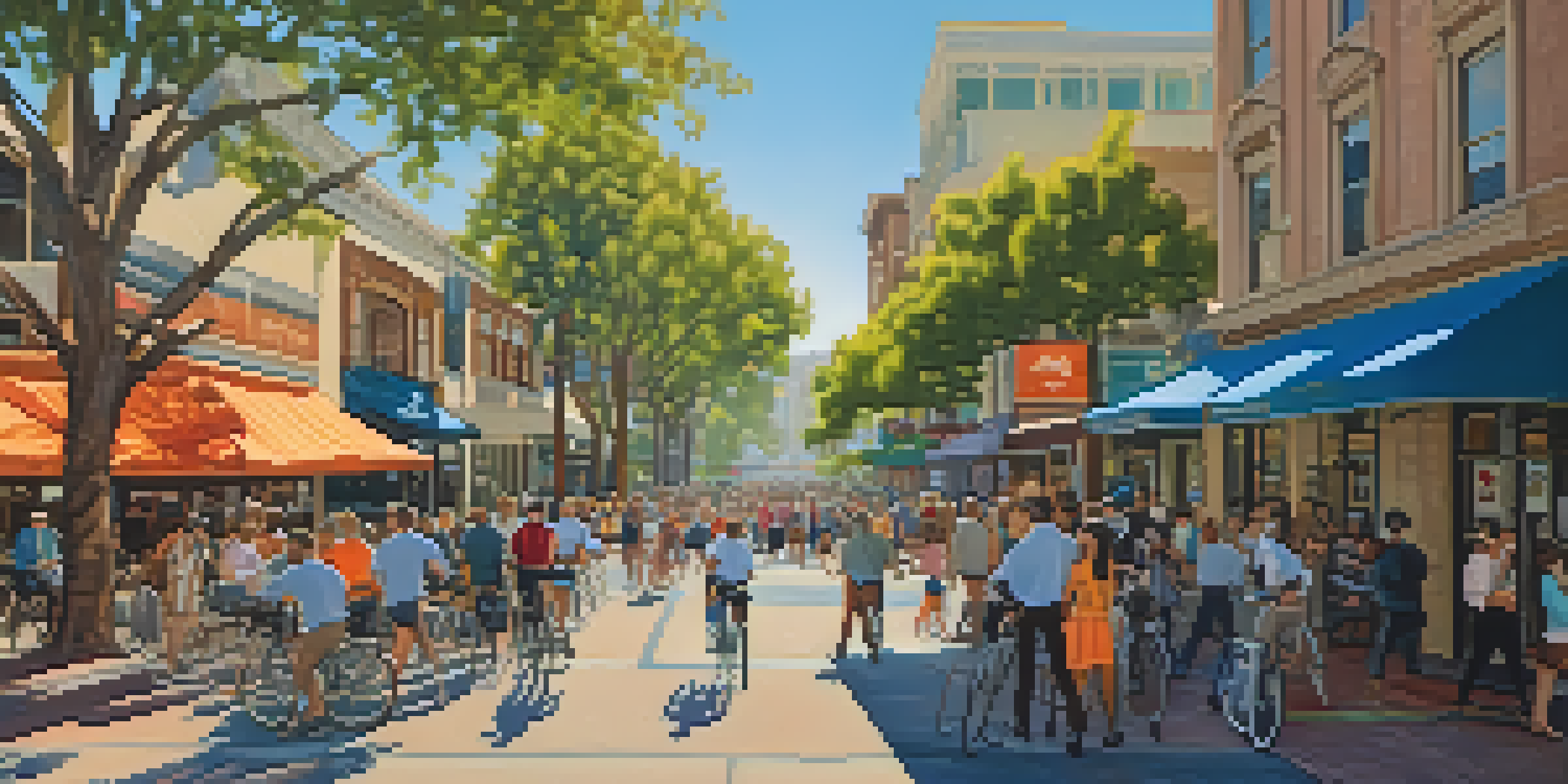 A lively downtown area in Redwood City with people walking and biking, surrounded by modern and historic buildings, under a clear blue sky.