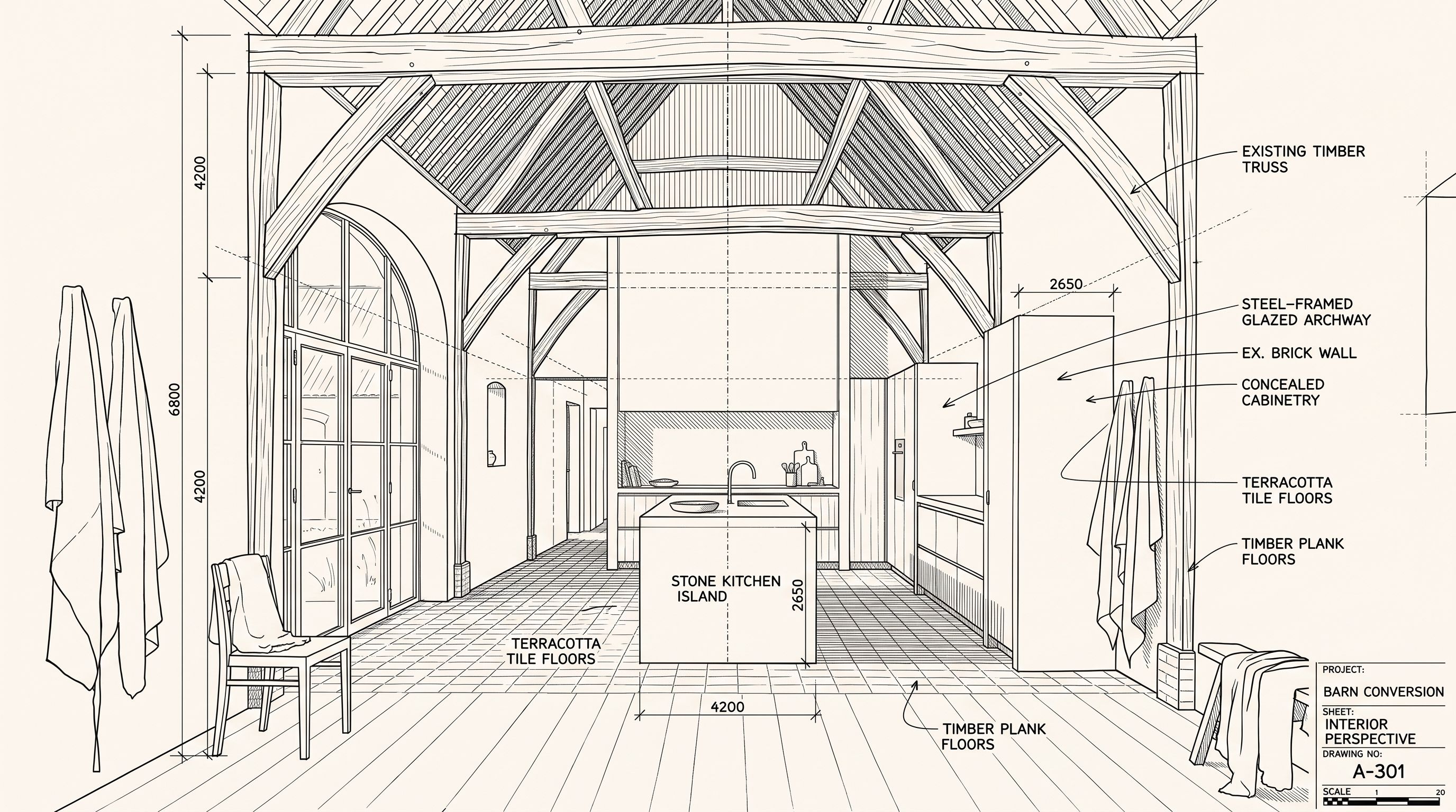 Bouwkundige tekening die overgaat in de afgewerkte eetkamer