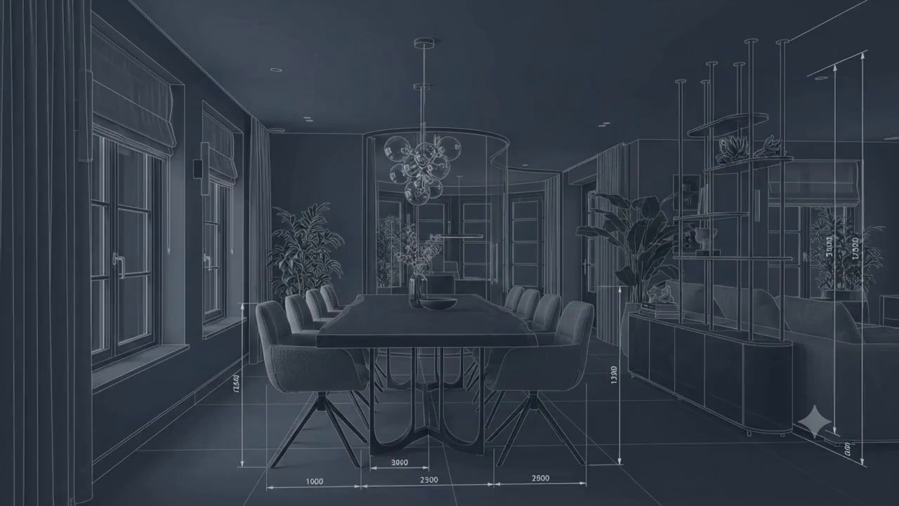 Bouwkundige tekening die overgaat in de afgewerkte eetkamer