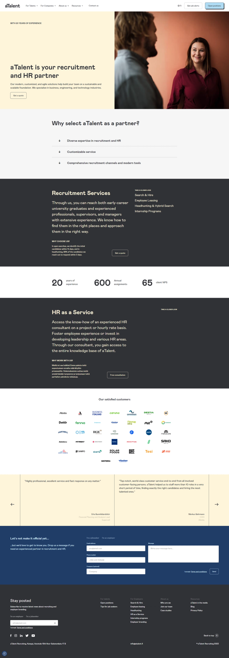 A wireframe of aTalent's recruitment and HR's services landing page.