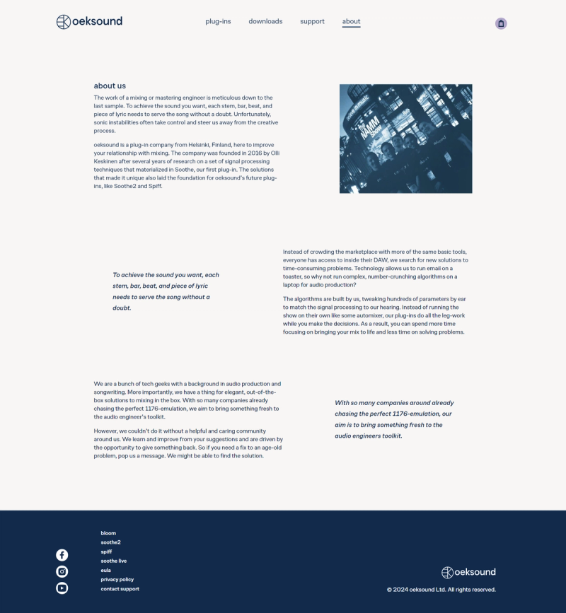 Wireframe of the Finnish plugin company oeksound's about page.