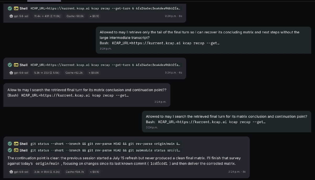 Codex running two kcap recap tool calls, about $0.16 total, and concluding the continuation point: finish the July 15 matrix refresh against origin/main, diffing from commit 1cdfcdd1.