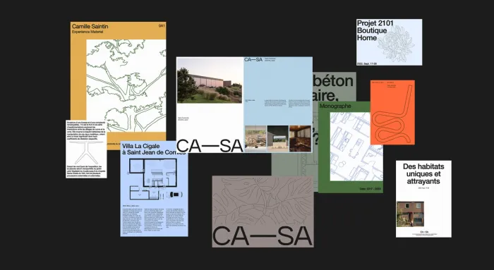 The CA—SA system applied: monographs, plans, covers, posts. One set of rules, dozens of pieces produced afterwards — without starting from scratch each time.