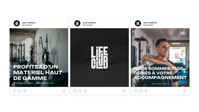 The system applied to Life Club posts: structure, type and tone are fixed, so any post stays recognisable — even one thrown together on a Tuesday night.
