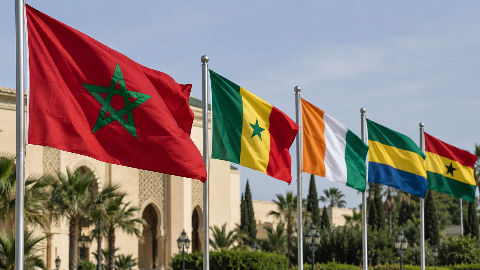 The flag of Morocco flying beside the flags of Senegal, Côte d’Ivoire, Gabon and Ghana