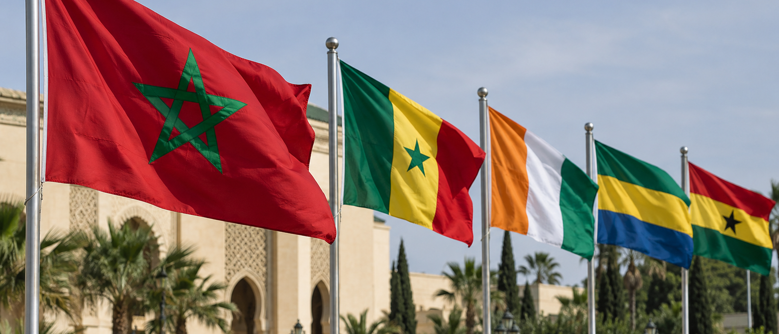 The flag of Morocco flying beside the flags of Senegal, Côte d’Ivoire, Gabon and Ghana