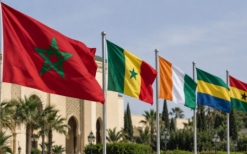 The flag of Morocco flying beside the flags of Senegal, Côte d’Ivoire, Gabon and Ghana