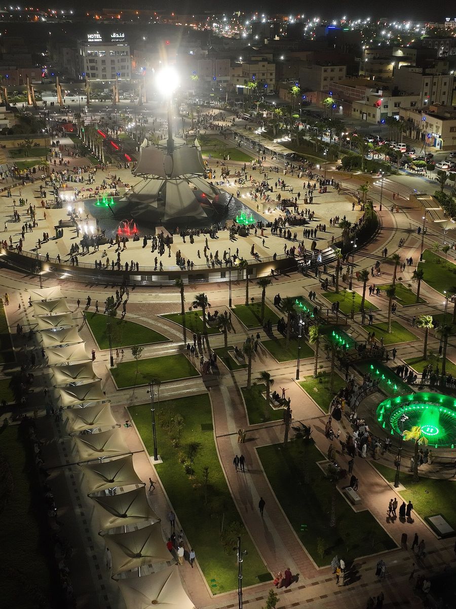 Laâyoune’s central square lit up at night, seen from above
