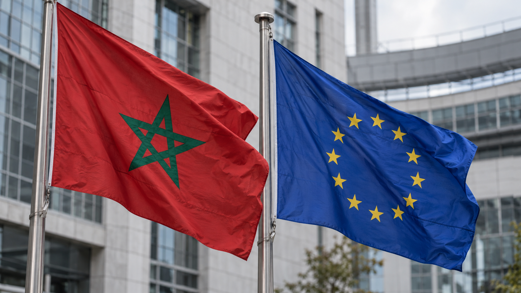 The flags of Morocco and the European Union flying side by side