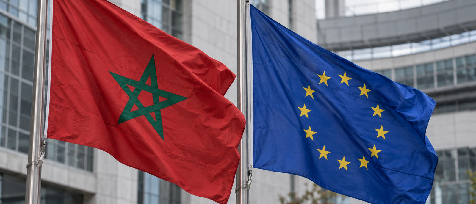 The flags of Morocco and the European Union flying side by side